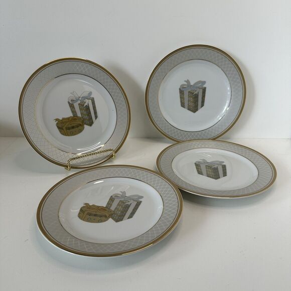 Vintage Lillian Vernon Christmas/Birthday Platinum Gold Rim 8” Plates Set of 4 - Picture 7 of 9